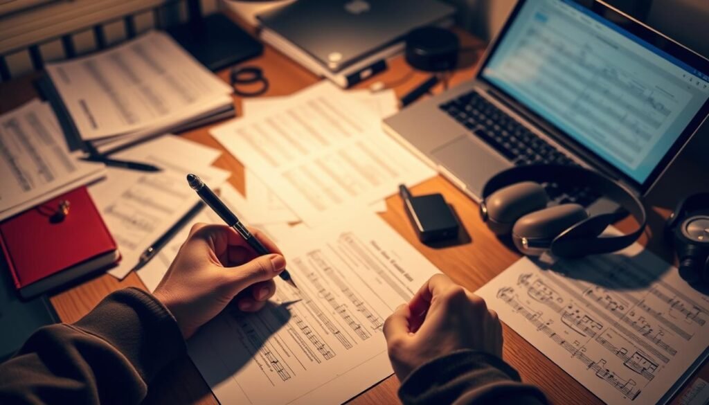 A cluttered desk with scattered documents, musical scores, and a laptop computer. Warm, soft lighting illuminates the scene, creating a focused and professional atmosphere. In the foreground, a hand holds a pen, poised to fill out a scholarship application form. Carefully arranged around the desk, various music-related items such as sheet music, a metronome, and a set of headphones suggest the context of preparing a music scholarship application. The overall composition conveys a sense of diligence, attention to detail, and the importance of this process for the aspiring musician.