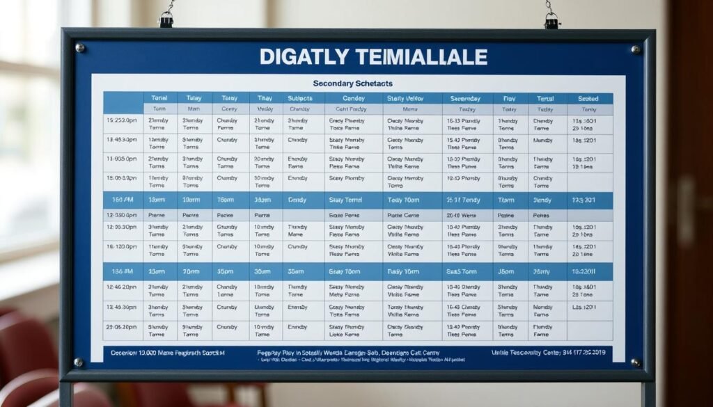 A detailed timetable displaying the academic schedule for secondary education, with clear delineation of subjects, class times, and important dates. The layout is clean and organized, using a sophisticated color scheme of blues, grays, and whites to convey a sense of professionalism and authority. The timetable is presented against a subtly blurred background, allowing the key information to take center stage. Crisp, high-resolution rendering with careful attention to typography and spatial arrangement, creating a visually striking and informative educational resource.