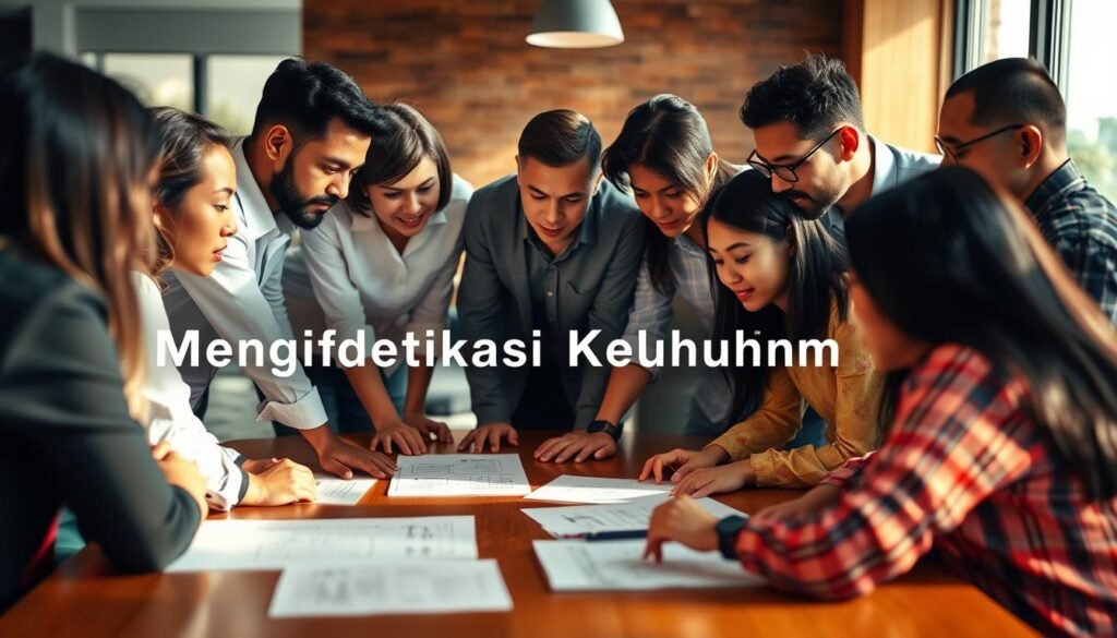 A diverse team collaborating around a table, focused on identifying and discussing their collective needs. Warm, natural lighting illuminates their engaged expressions and body language, creating an atmosphere of thoughtful problem-solving. The foreground depicts team members leaning in, exchanging ideas, while the middle ground shows detailed notes and diagrams on the table. The background blurs slightly, emphasizing the team's unity and shared purpose. Captured with a wide-angle lens to convey the collaborative dynamics, this image reflects the essence of "Mengidentifikasi Kebutuhan Tim" - a group working together to understand and address their unique requirements.
