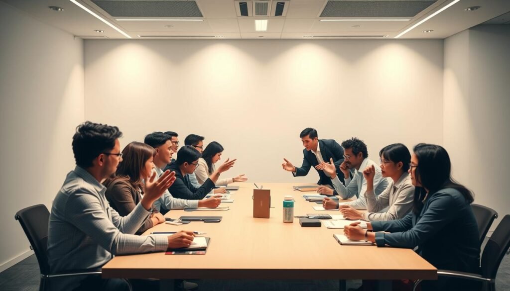 A dynamic group of professionals engaged in adaptive leadership training, set against a backdrop of a modern, minimalist conference room. The scene features a diverse array of individuals collaborating at a long table, gesturing animatedly as they discuss strategies and solutions. Soft, diffused lighting illuminates the space, creating a sense of focus and intensity. The overall atmosphere conveys a spirit of innovation, problem-solving, and collective empowerment, reflecting the core themes of "Pendidikan Kader dan Kepemimpinan".