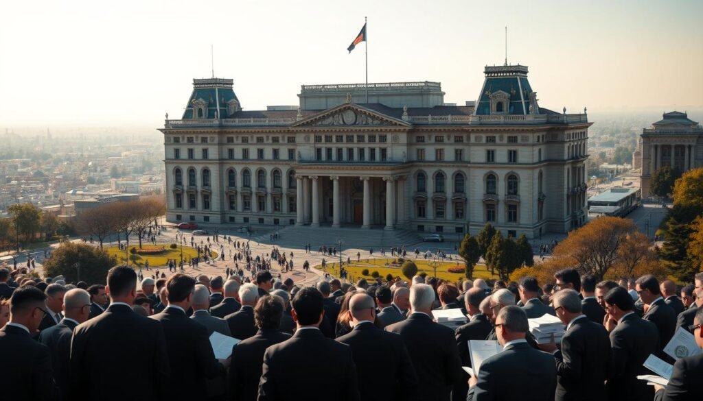 A grand governmental building, its ornate facade bathed in warm afternoon light, stands as a symbol of the ministries within. In the foreground, a crowd of suited officials gathers, deep in discussion over stacks of documents - the allocation of budgets, the weight of decisions. The middle ground reveals a panoramic view of the city, bustling with activity, while the background fades into a hazy horizon, hinting at the far-reaching impact of these policy choices. Crisp, high-resolution, photorealistic, cinematic composition.