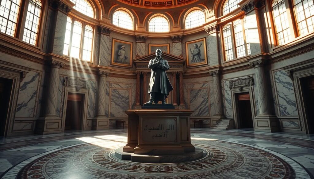 A grand marble hall, its high ceilings adorned with ornate moldings, casts a warm glow upon a stately lectern. Sunlight streams through towering windows, illuminating the intricate mosaic floor. At the center, a majestic bronze statue of a dignified figure, symbolizing the power and authority enshrined in the constitution. The scene exudes a sense of gravitas and timelessness, inviting contemplation of the enduring legacy of Pasal 20 and its role in shaping the future of the nation.