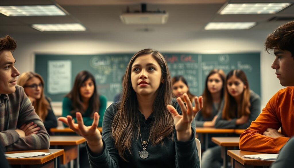 A group of twelfth-grade students engrossed in thoughtful discussions, their faces lit by the warm glow of overhead lighting. In the foreground, a young woman gestures animatedly, her expression one of deep contemplation. Around her, her classmates listen intently, their postures conveying a sense of focus and engagement. The middle ground reveals the classroom setting, with desks arranged in a semicircle, creating an intimate, collaborative atmosphere. In the background, a chalkboard or whiteboard stands as a backdrop, hinting at the academic context. The overall scene exudes a palpable sense of intellectual curiosity and the weight of impending educational choices.