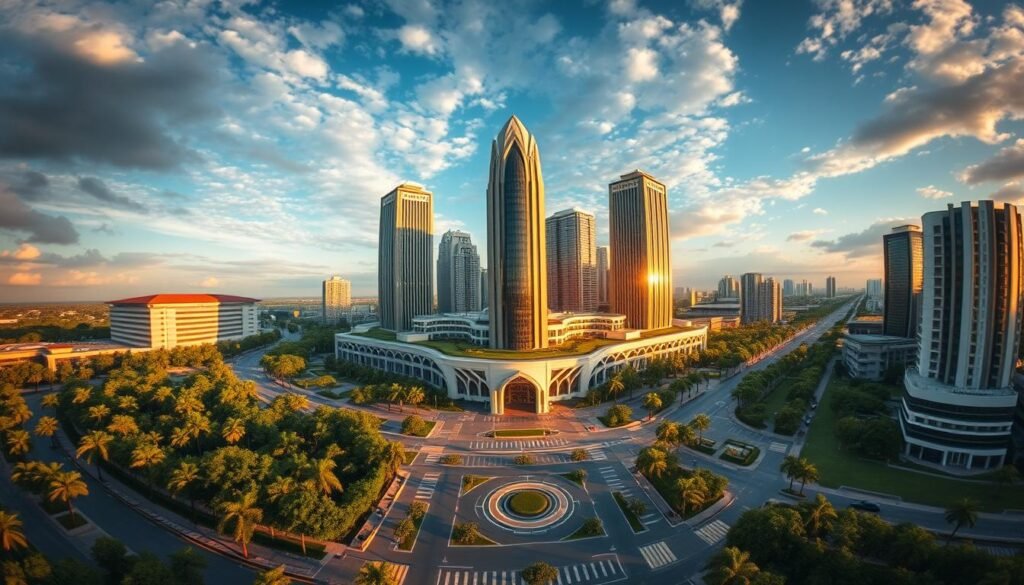 A meticulously detailed architectural rendering of the new Indonesian capital city, Nusantara, situated in East Kalimantan. The image showcases the grand government buildings, modern skyscrapers, and lush green spaces that comprise the city's innovative urban design. Captured through a wide-angle lens, the scene features a dramatic sky with warm, golden lighting that casts long shadows across the pristine streets and public plazas. The overall impression is one of a visionary, sustainable metropolis poised to become a symbol of Indonesia's progressive future.