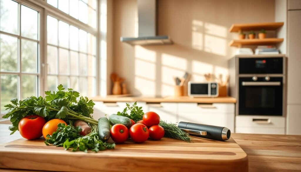 A modern and minimalist kitchen interior, with natural lighting flooding through large windows. In the foreground, a wooden cutting board showcases an arrangement of fresh vegetables, herbs, and cooking utensils, hinting at the preparation of a home-cooked meal. In the middle ground, a clean and uncluttered countertop features a few simple kitchen appliances, conveying a sense of efficiency and practicality. The background depicts a warm, earthy color palette, with subtle textures on the walls and shelves, creating a cozy and inviting atmosphere for the budding home cook.