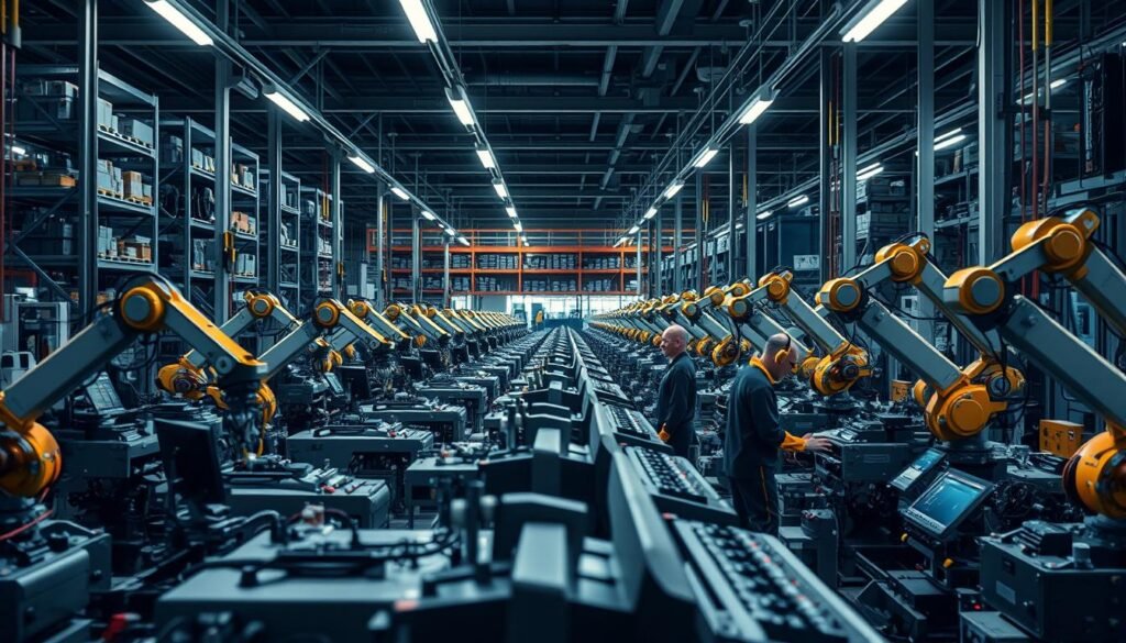 A modern industrial factory floor, with rows of gleaming machinery and robotic arms working in perfect synchronization. The lighting is a mix of bright overhead lamps and muted ambient glow, casting dramatic shadows and highlights. In the foreground, a group of workers in protective gear operate the controls, their faces filled with a sense of focus and purpose. In the background, towering shelves hold an array of high-tech components and tools, hinting at the cutting-edge nature of the Industry 4.0 revolution. The overall atmosphere is one of efficiency, innovation, and the seamless integration of human and machine.