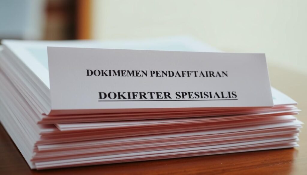 A neatly organized stack of official-looking documents, illuminated by warm, soft lighting. The documents are labeled "Dokumen Pendaftaran Beasiswa Dokter Spesialis" in a clean, professional font. The papers are crisp and well-maintained, conveying a sense of importance and authority. The scene is captured from a slightly elevated angle, creating a sense of depth and emphasizing the formality of the documents. The background is slightly blurred, keeping the focus on the central documents. The overall tone is one of seriousness and attention to detail, reflecting the gravity of the application process.