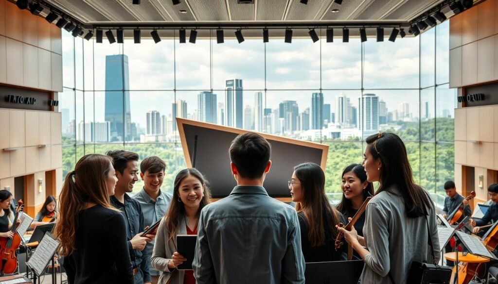 A prestigious international music education program set against a backdrop of a modern, well-equipped music school. In the foreground, a group of diverse students engage in lively musical discussions, their expressions animated as they explore the latest techniques and theories. The middle ground features a state-of-the-art performance hall, its sleek design and impressive acoustics creating an atmosphere of artistic excellence. In the background, a picturesque cityscape with towering skyscrapers and lush greenery, suggesting a cosmopolitan, globally connected environment. The lighting is warm and inviting, casting a glow that imbues the scene with a sense of intellectual curiosity and creative energy. The overall composition conveys the prestige, innovation, and international scope of the music education program.