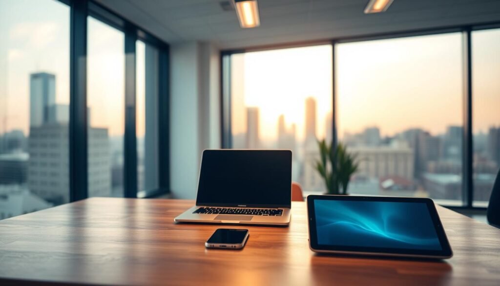 A sleek, modern office workspace with a strategically placed laptop, tablet, and smartphone on a minimalist wooden desk. Soft, directional lighting from overhead casts a warm glow, highlighting the digital devices and creating a focused, productive atmosphere. In the background, a blurred cityscape through large windows suggests the integration of technology and business in the digital era. The composition emphasizes the seamless flow of information and connectivity essential for the effective digitalization of small and medium enterprises.