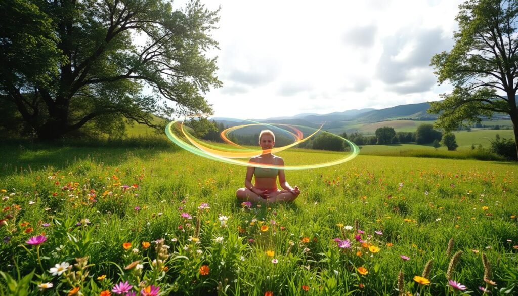 A tranquil meadow on a sun-dappled afternoon, lush with verdant foliage and vibrant wildflowers. In the center, a serene figure sits cross-legged, hands resting gently on their lap, radiating a palpable sense of inner peace. Surrounding them, ethereal wisps of colorful energy, like swirling strokes of light, ebbing and flowing in a mesmerizing dance. The scene is captured through a soft, hazy lens, evoking a dreamlike, contemplative atmosphere. In the distance, rolling hills and a clouded sky complete the pastoral, calming composition, inviting the viewer to pause and find solace in the moment.
