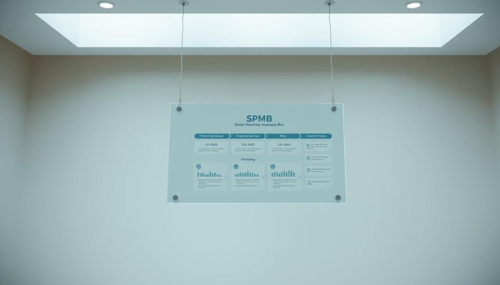 A transparent, glass-like information panel suspended in a minimalist, well-lit space. The panel displays a simplified diagram of the SPMB (Sistem Penerimaan Mahasiswa Baru) process, with clearly labeled steps and data visualizations. The background is a serene, neutral color, allowing the panel to take center stage. Soft, diffused lighting from above casts a subtle glow, highlighting the panel's transparency and the refined, understated design. The overall atmosphere conveys a sense of clarity, openness, and professionalism, emphasizing the importance of transparency in the SPMB system.