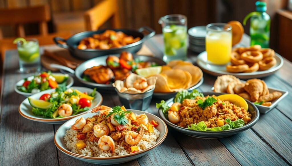 A vibrant and colorful spread of Miami-inspired home-cooked dishes, arranged artfully on a rustic wooden table. In the foreground, a steaming plate of savory shrimp and rice, garnished with fresh cilantro. Beside it, a crisp salad with juicy mango slices and a zesty citrus dressing. In the middle ground, a sizzling skillet of spicy chicken fajitas, accompanied by warm tortillas and an array of toppings. In the background, a pitcher of refreshing mojitos and a platter of sweet plantain fritters. Soft, natural lighting casts a warm glow over the scene, evoking the laid-back and inviting atmosphere of a Miami kitchen. The overall impression is one of vibrant, flavorful, and visually appealing home-cooked fare that captures the essence of Miami's culinary culture.