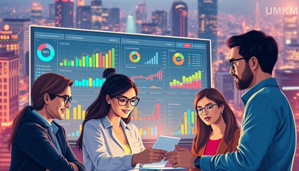 A vibrant, data-driven illustration of a thriving UMKM (Micro, Small, and Medium Enterprises) ecosystem in the digital age. A sleek, modern dashboard displays key performance metrics, with colorful charts and graphs illuminating trends and insights. In the foreground, a group of diverse business owners collaboratively analyze the data, their expressions focused and determined. The background features a bustling cityscape, conveying the dynamic, interconnected nature of the digital economy. Warm, diffused lighting creates a sense of energy and optimism, as the UMKM entrepreneurs leverage data to drive innovation and competitiveness.