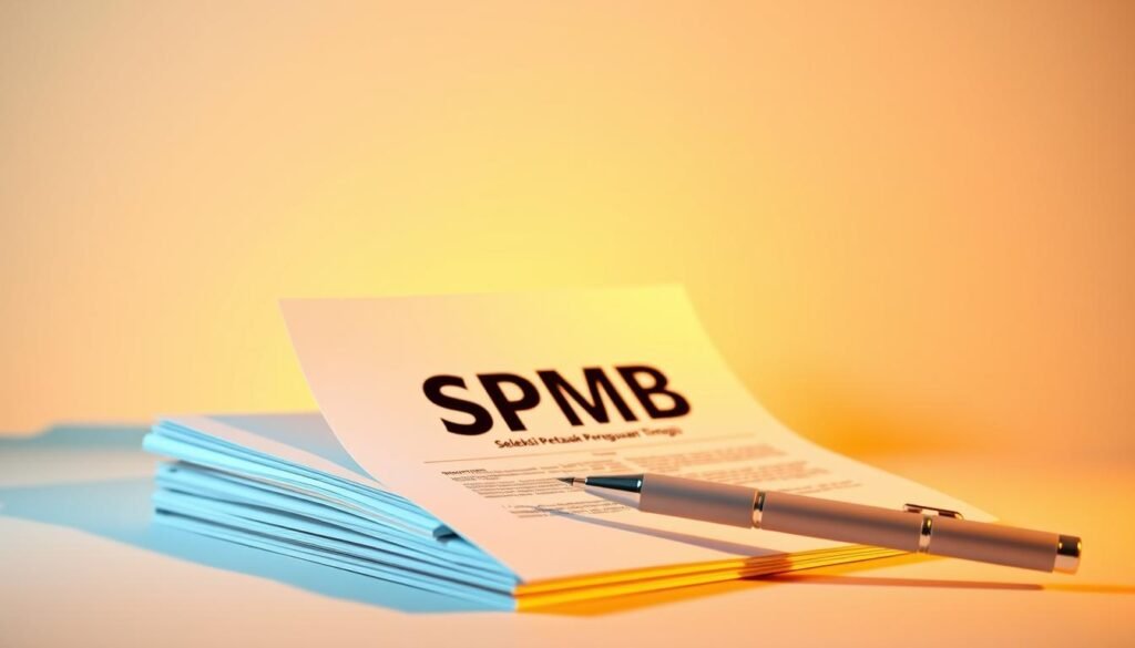 A vibrant, hyper-realistic image of the latest SPMB (Seleksi Prestasi Masuk Perguruan Tinggi) policy announcement. Set against a clean, minimalist background, the focal point is a stack of official-looking documents with the SPMB logo prominently displayed. The documents are illuminated by warm, directional lighting, casting subtle shadows that add depth and dimension. In the foreground, a clean, modern pen hovers over the documents, symbolizing the thoughtful consideration and decisions involved in the policy updates. The overall mood is one of authority, professionalism, and a sense of progression, reflecting the importance of the SPMB policy changes.