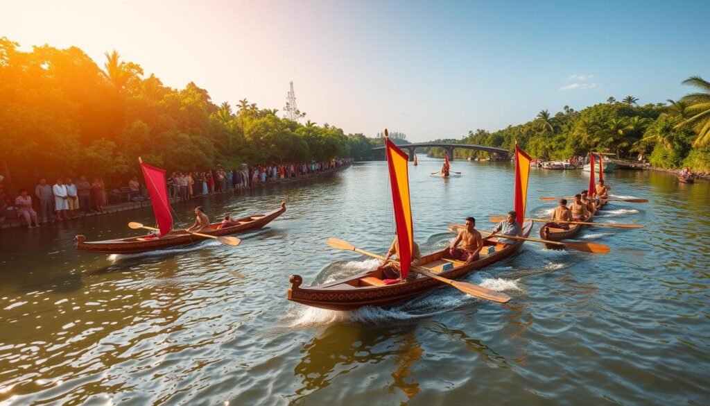A vibrant scene of the traditional Pacu Jalur boat race in Riau, Indonesia. In the foreground, sleek wooden boats with intricate carvings and colorful sails glide across a tranquil river, their oarsmen working in synchronized harmony. In the middle ground, spectators line the riverbanks, their traditional attire and expressions of excitement conveying the cultural significance of this event. The background is framed by lush, verdant foliage and a clear, azure sky, bathed in warm, golden sunlight that casts a serene, contemplative atmosphere over the entire scene. The image captures the essence of this revered tradition, which serves as a conduit for the peaceful, harmonious "aura farming" lifestyle celebrated in the article.