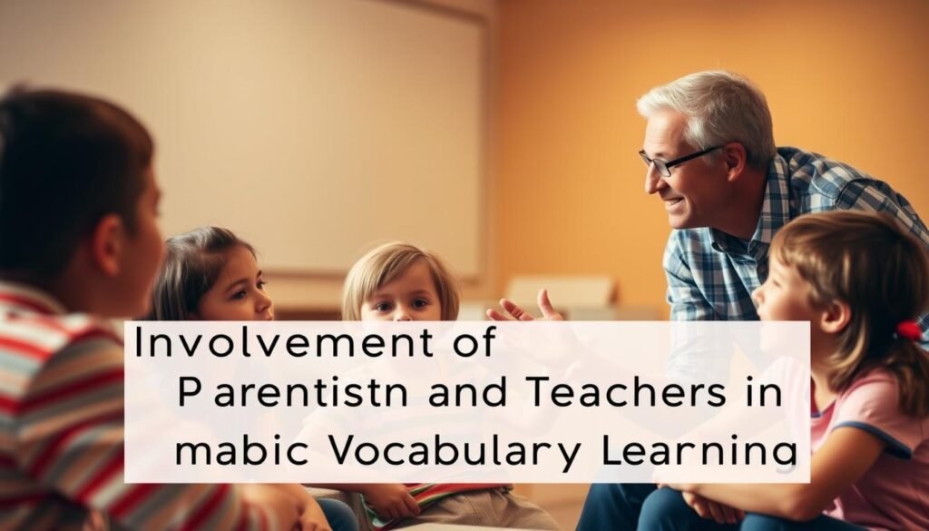 A classroom setting with two adults, a parent and a teacher, engaged in a collaborative discussion with a group of children. The parent and teacher are leaning in, making eye contact and gesturing animatedly, creating an atmosphere of active involvement and shared learning. The children, ranging in age, are seated attentively, their faces lit with curiosity and enthusiasm. Warm, diffused lighting illuminates the scene, lending a sense of warmth and intimacy. The composition emphasizes the synergy between the parent, teacher, and students, reflecting the title "Involvement of Parents and Teachers in Arabic Vocabulary Learning". A classroom setting with two adults, a parent and a teacher, engaged in a collaborative discussion with a group of children. The parent and teacher are leaning in, making eye contact and gesturing animatedly, creating an atmosphere of active involvement and shared learning. The children, ranging in age, are seated attentively, their faces lit with curiosity and enthusiasm. Warm, diffused lighting illuminates the scene, lending a sense of warmth and intimacy. The composition emphasizes the synergy between the parent, teacher, and students, reflecting the title "Involvement of Parents and Teachers in Arabic Vocabulary Learning".