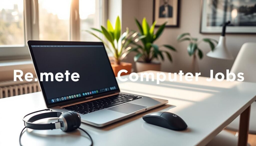 A cozy remote work setup with a laptop, wireless mouse, and a pair of headphones on a sleek, minimalist desk. Natural light streams in through a window, casting a warm, focused glow. The background features a serene indoor plant and framed artwork, creating a calming, productive atmosphere. The scene conveys a sense of focus, efficiency, and work-life balance, reflecting the strategic approach to finding and thriving in remote computer system jobs.