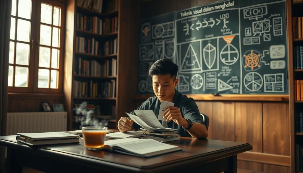 A dimly lit study room, wooden bookshelves lining the walls, soft natural light filtering through a large window. In the foreground, a person sits at a desk, intently focused on a set of flashcards, their hands carefully arranging and rearranging the cards, a look of deep concentration on their face. On the desk, a cup of steaming tea and a notebook filled with neatly organized notes. The background features a large chalkboard, covered in intricate diagrams and visual aids, conveying the "teknik visual menghafal" concept. The room exudes a sense of quiet contemplation and intellectual pursuit, perfectly capturing the essence of the "Teknik Visual dalam Menghafal" section. A dimly lit study room, wooden bookshelves lining the walls, soft natural light filtering through a large window. In the foreground, a person sits at a desk, intently focused on a set of flashcards, their hands carefully arranging and rearranging the cards, a look of deep concentration on their face. On the desk, a cup of steaming tea and a notebook filled with neatly organized notes. The background features a large chalkboard, covered in intricate diagrams and visual aids, conveying the "teknik visual menghafal" concept. The room exudes a sense of quiet contemplation and intellectual pursuit, perfectly capturing the essence of the "Teknik Visual dalam Menghafal" section.
