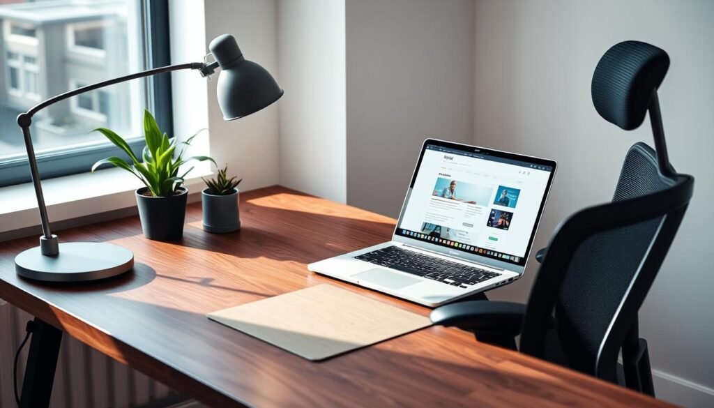 A modern and professional-looking home office setup with a laptop, desk, and ergonomic chair. The desk is made of dark wood, with a minimalist lamp and a potted plant adding a touch of greenery. The laptop is open, displaying a job search website or remote work platform. The lighting is soft and natural, creating a productive and focused atmosphere. The overall composition conveys a sense of efficiency, organization, and the convenience of working remotely as a computer science graduate.