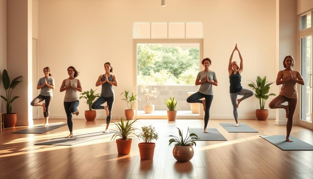 A peaceful, serene yoga studio bathed in warm, natural lighting. In the foreground, a group of people in various simple, beginner-friendly yoga poses - child's pose, seated forward fold, tree pose. Their bodies flow gracefully, their expressions calm and focused. In the middle ground, potted plants and simple, minimalist decor create a calming, welcoming ambiance. The background features soft, blurred views of an outdoor garden, with gentle sunlight filtering through. The overall mood is one of tranquility, ease, and the invitation to explore the foundations of a yoga practice.