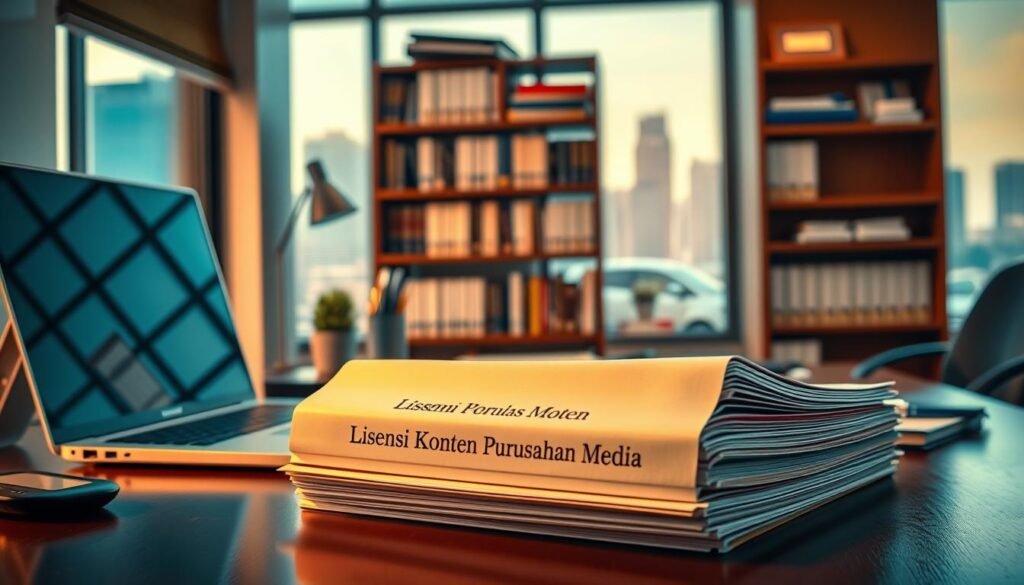 A professional, well-organized office setting with a desk, laptop, and various office supplies. The focus is on a stack of legal documents labeled "Lisensi Konten Perusahaan Media" in the foreground, illuminated by warm, directional lighting from a window on the left. The middle ground features a bookshelf filled with industry-relevant books, while the background showcases city skyline through the window, conveying a sense of professional, corporate atmosphere. The overall mood is one of productivity, legal compliance, and intellectual property management.