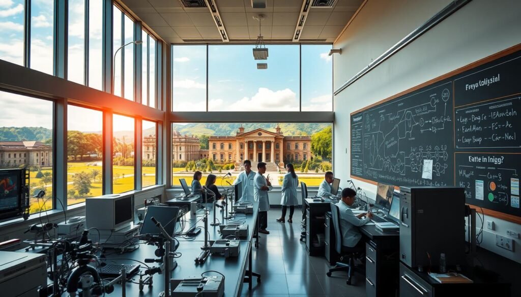 A research laboratory at the Universitas Gadjah Mada, bathed in warm, natural lighting from large windows. In the foreground, scientists in white lab coats work intently at sleek, state-of-the-art equipment, surrounded by an array of scientific instruments and displays. In the middle ground, a massive chalkboard covered in complex equations and diagrams, indicating the cutting-edge nature of the research. The background features a panoramic view of the university campus, with its iconic architecture and lush, verdant surroundings, suggesting the institution's long history of academic excellence.