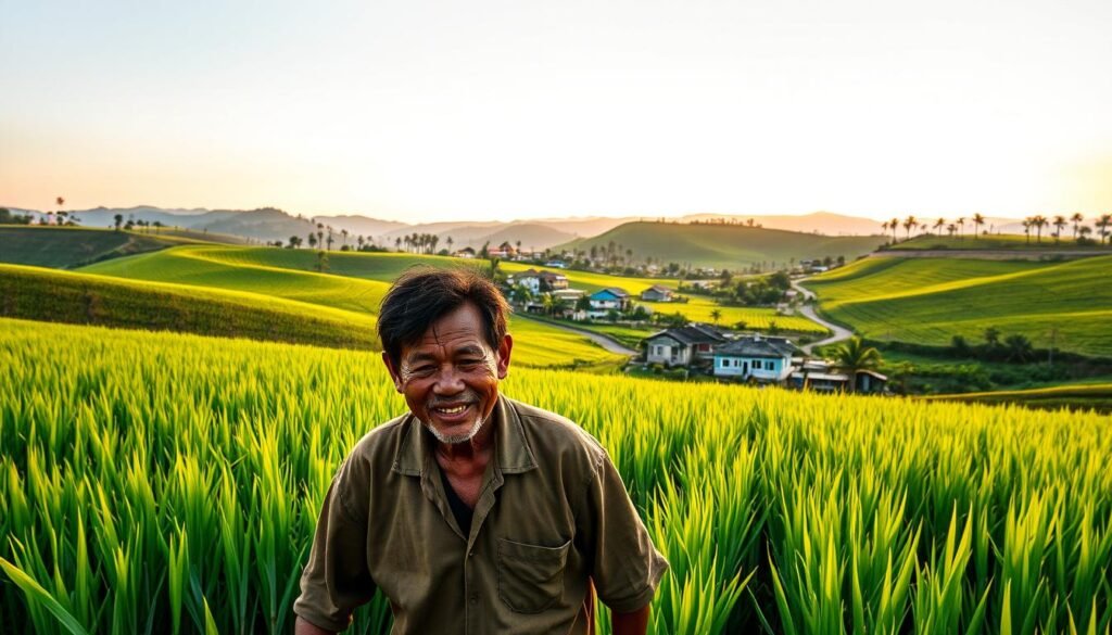 A serene Indonesian countryside scene, with lush green rice fields stretching to the horizon. In the foreground, a hardworking farmer tends to his crops, his face weathered by the sun but his expression content. The middle ground features a small village, its colorful houses and winding streets a testament to the vibrant local community. In the background, rolling hills dotted with palm trees create a tranquil, picturesque backdrop. The lighting is warm and golden, casting a soft glow over the entire scene. This image conveys a sense of sustainability, prosperity, and the enduring strength of Indonesia's agricultural heritage.