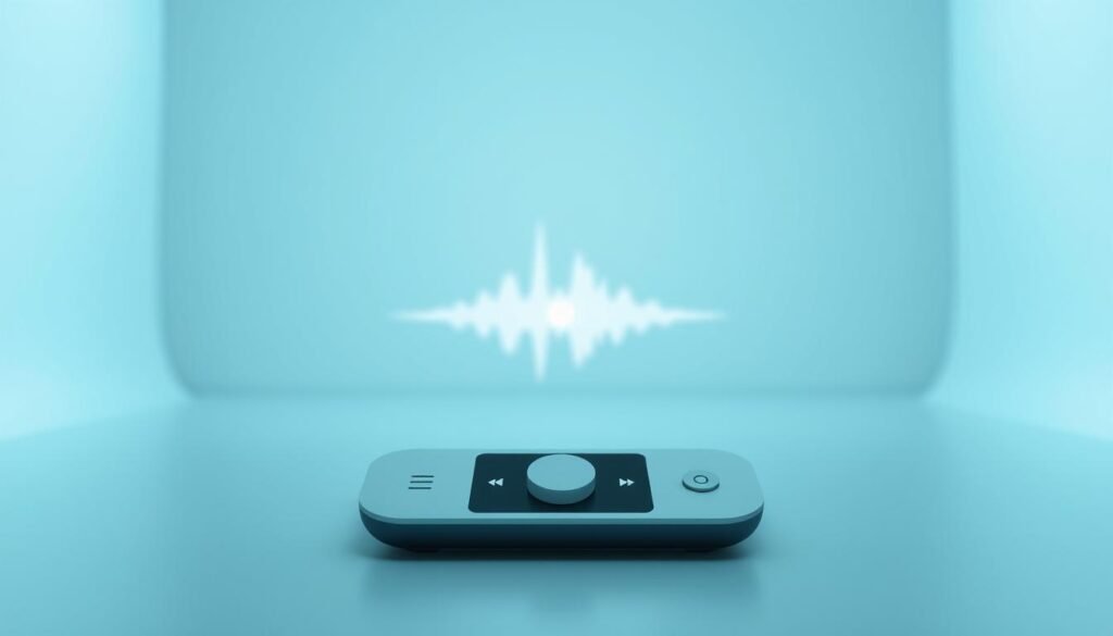 A serene, minimalist composition depicting a digital audio player interface. The foreground features a sleek, modern device with a prominent central play/pause button and a minimalist control panel. The middle ground showcases a clean, monochromatic visualization, pulsing and reacting to the audio output. The background is a soft, blurred gradient, creating a calming, immersive atmosphere. The lighting is soft and diffused, emphasizing the digital aesthetics. The overall tone is one of tranquility and focus, inviting the viewer to experience the healing power of Ruqyah audio.