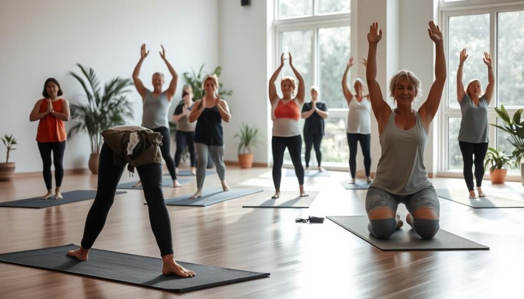 A serene yoga studio with natural lighting filtering through large windows, showcasing a diverse group of beginners in various yoga poses. The foreground features a person practicing a gentle forward fold, while the middle ground includes individuals exploring modified poses to accommodate different health conditions. The background depicts calming scenery, such as potted plants and minimal decor, creating a peaceful and welcoming atmosphere. The lighting is soft and diffused, highlighting the participants' focus and mindfulness. The overall tone conveys a sense of guidance, inclusivity, and the adaptability of yoga practice for those with varying physical needs.
