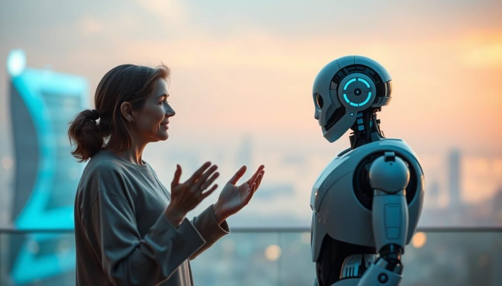 A softly lit, cinematic scene of a human and an AI assistant engaging in a thoughtful, emotional exchange. The human, portrayed with warmth and empathy, gestures expressively as the AI, designed with sleek, futuristic details, responds with a nuanced, almost human-like demeanor. The background blurs into a tranquil, futuristic cityscape, hinting at the seamless integration of AI into daily life. Captured through a shallow depth of field, the image conveys a sense of intimacy and connection, reflecting the evolving emotional rapport between humanity and artificial intelligence.