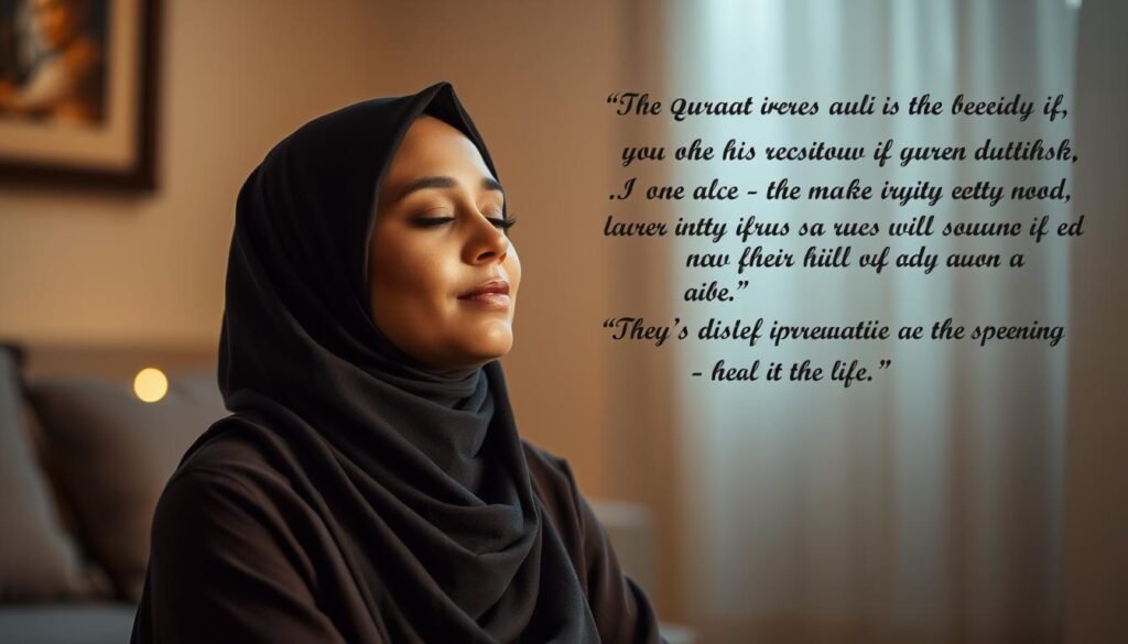 A thoughtful, earnest Muslim woman sits in a serene, softly-lit room, her eyes closed in peaceful contemplation as she listens intently to an audio recording of Quranic verses and Islamic supplications. The ambient lighting casts a warm, reverent glow, creating an atmosphere of tranquility and spiritual introspection. The woman's expression conveys a sense of calm, her features relaxed as she experiences the restorative power of the sacred audio. The scene evokes a profound sense of faith, healing, and the profound impact of the Ruqyah audio on the user's inner well-being.