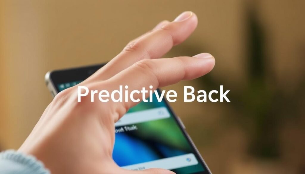 A close-up view of a hand performing a smooth, intuitive gesture navigating through an Android device. The hand is in the foreground, with a blurred background revealing a smartphone screen showcasing the "Predictive Back" feature. Soft, warm lighting illuminates the scene, creating a seamless and natural atmosphere. The gesture is fluid, effortless, and highlights the responsive, intuitive nature of the navigation system. The image conveys the ease and precision of using the "Predictive Back" function, without any distracting elements or text overlays.