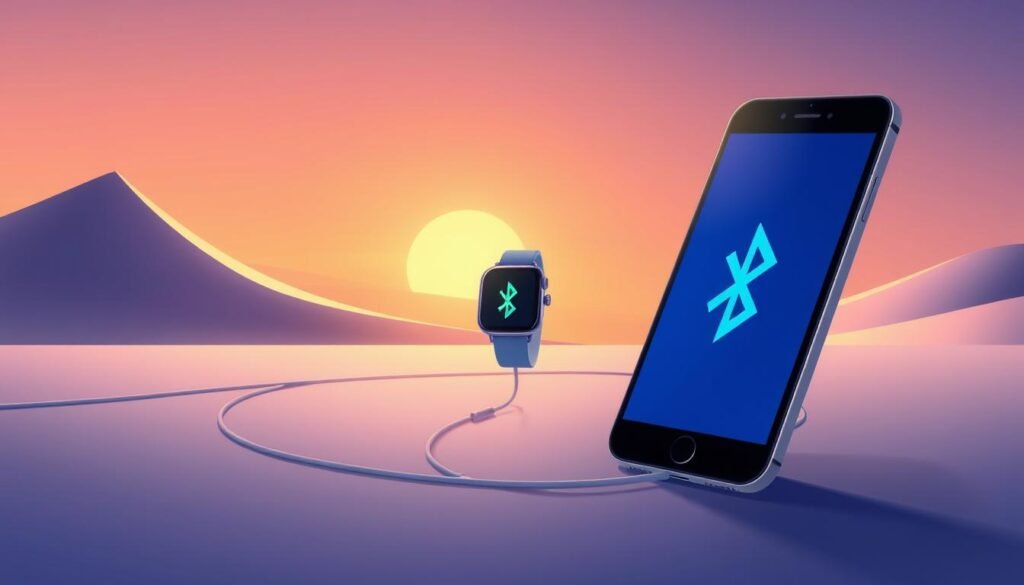 A detailed illustration of a Bluetooth connection, showcasing a smartphone in the foreground seamlessly paired with a smartwatch in the middle ground. The background features a minimalist, futuristic landscape with clean lines and subtle gradients, conveying a sense of technological integration. The scene is illuminated by a warm, ambient light that casts a soft glow, creating a calming and inviting atmosphere. The overall composition emphasizes the reliability and simplicity of the Bluetooth connection, reflecting the article's focus on finding permanent solutions to common connectivity issues.