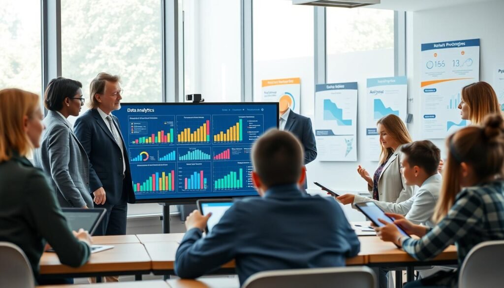 A modern classroom setting showcasing data analytics in education. In the foreground, a diverse group of educators, dressed in professional business attire, are engaged in discussion around a large digital display showing colorful graphs and analytics on student performance data. In the middle, students interact with tablets, demonstrating an active learning environment, while a few educational posters on the walls depict data-driven teaching techniques. The background features large windows allowing natural light to flood the space, creating a bright and inspiring atmosphere. The composition should convey a sense of collaboration and innovation, with a focus on the transformative power of data in education. Use soft lighting for a warm, inviting feel. A modern classroom setting showcasing data analytics in education. In the foreground, a diverse group of educators, dressed in professional business attire, are engaged in discussion around a large digital display showing colorful graphs and analytics on student performance data. In the middle, students interact with tablets, demonstrating an active learning environment, while a few educational posters on the walls depict data-driven teaching techniques. The background features large windows allowing natural light to flood the space, creating a bright and inspiring atmosphere. The composition should convey a sense of collaboration and innovation, with a focus on the transformative power of data in education. Use soft lighting for a warm, inviting feel.