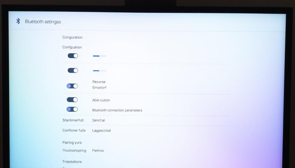 A neatly organized Bluetooth settings interface on a high-resolution digital display, showcasing various configuration options for connection stability. The foreground features toggles, sliders, and menus for adjusting Bluetooth connection parameters, pairing, and troubleshooting tools. The middle ground includes a clean, minimalist layout with intuitive icons and labels. The background depicts a soft, blurred gradient in calming shades, creating a sense of focus on the essential settings. Balanced lighting casts a subtle glow, highlighting the display's clarity and the user-friendly layout. Captured at a slightly elevated angle to convey a sense of accessibility and control over the Bluetooth connection.