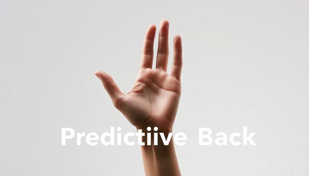 A smooth, fluid hand gesture against a clean, minimalist background. A hand, palm facing the viewer, gently swiping from right to left, conveying the "back" action in a natural, intuitive motion. Soft, diffused lighting illuminates the hand, highlighting the delicate details and creating a sense of depth. The background is a muted, gradient-based color palette, allowing the hand gesture to take center stage. The overall composition is balanced, elegant, and specifically designed to illustrate the "Predictive Back" feature in a clear, visually appealing manner.