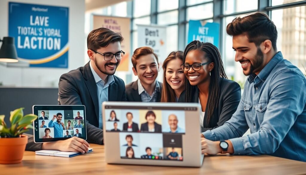 A vibrant digital learning platform scene showcasing diverse individuals engaged in collaborative online learning. In the foreground, a group of three professionals in smart casual attire are gathered around a laptop, smiling and discussing ideas. In the middle ground, various virtual collaboration tools are displayed on their screens, highlighting video calls and shared documents. The background features a modern, bright office environment with motivational posters about digital learning. Soft natural lighting streams in from large windows, creating a warm and inviting atmosphere. The image captures a sense of teamwork, innovation, and the excitement of technology in education, all presented from a slightly elevated angle to emphasize interaction and engagement. A vibrant digital learning platform scene showcasing diverse individuals engaged in collaborative online learning. In the foreground, a group of three professionals in smart casual attire are gathered around a laptop, smiling and discussing ideas. In the middle ground, various virtual collaboration tools are displayed on their screens, highlighting video calls and shared documents. The background features a modern, bright office environment with motivational posters about digital learning. Soft natural lighting streams in from large windows, creating a warm and inviting atmosphere. The image captures a sense of teamwork, innovation, and the excitement of technology in education, all presented from a slightly elevated angle to emphasize interaction and engagement.