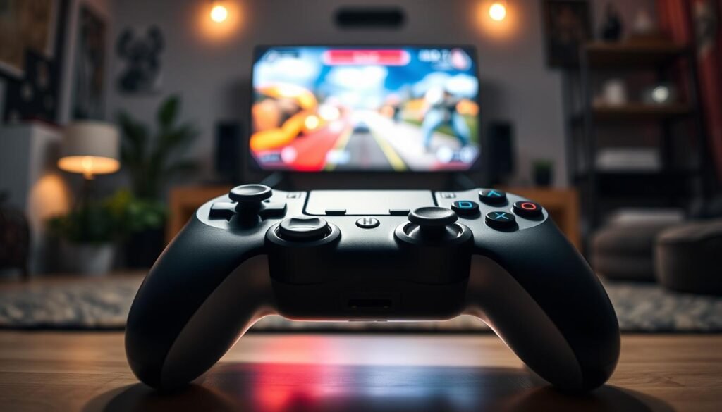 A detailed view of a DualSense Edge controller prominently displaying its unique feature of 256 macro combinations and a paddle remap setup. The controller is shown in the foreground, expertly illuminated with soft lighting that highlights its sleek design and innovative buttons. The middle ground reveals a blurred gaming setup, featuring a high-tech gaming console and a vibrant screen displaying gameplay, creating an immersive atmosphere. The background is a cozy, dimly lit gaming room adorned with subtle décor, enhancing the focus on the controller. The overall mood is one of excitement and advanced gaming technology, suggesting a cutting-edge experience for gamers. Capture the image from a slight angle to emphasize the contours and design of the controller, ensuring all elements are clear and vibrant.