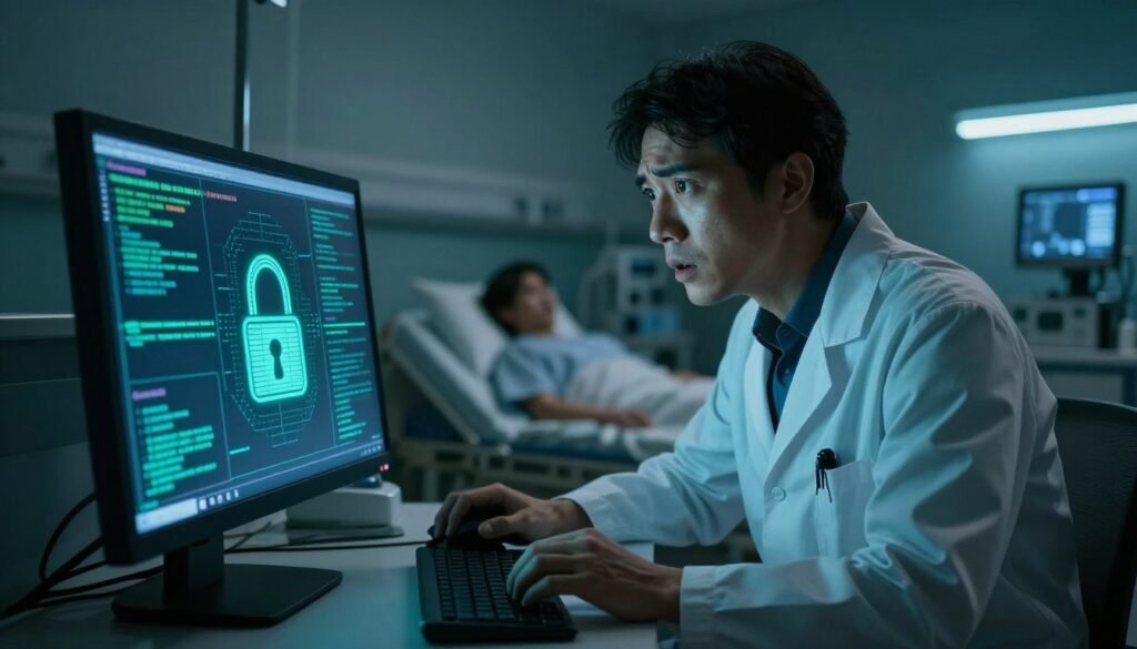 A digital artwork depicting a dramatic scene of ransomware attack in a hospital setting. In the foreground, visualize a computer screen displaying ominous ransomware alert messages with a digital lock graphic overlay. In the middle, a concerned healthcare professional in a lab coat examines the screen, their expression reflecting urgency and alarm, suggesting a breach in patient data security. In the background, a sterile hospital room is partially visible, with medical equipment and a blurred patient bed, enhancing the atmosphere of tension. The lighting is dim and dramatic, with a blue-green color palette, conveying a sense of danger and urgency. Use a slightly wide-angle lens effect to capture the overall scene, creating an impression of a pressing crisis in a healthcare environment.