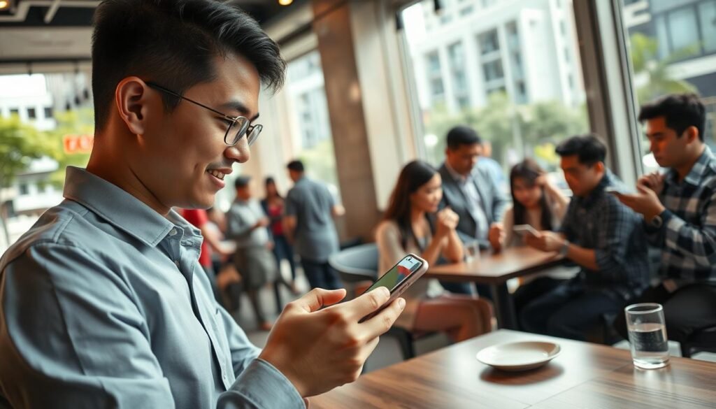 A dynamic urban scene depicting an Indonesian smartphone user in a modern café setting. In the foreground, a young professional in business casual attire intently uses a sleek smartphone, showcasing its user interface. The middle ground features a group of diverse individuals engaged in conversations, with some glancing at their own smartphones, hinting at productivity and connectivity. The background displays a lively street view with modern architecture and greenery, representing Indonesia's urban landscape. Soft, natural sunlight filters through the café’s large windows, creating a warm and inviting atmosphere. The composition is framed with a slight overhead angle, offering a comprehensive view of the interaction between users and technology. The mood is optimistic and engaging, reflecting the contemporary Indonesian lifestyle.