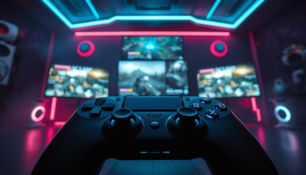 A high-tech gaming controller prominently displayed in the foreground, showcasing the DualSense Edge with intricate macro buttons glowing gently in a soft blue light. In the middle ground, several digital screens illustrate diverse gaming scenarios where the sub-mode macros can enhance gameplay, bathed in a cool-toned atmospheric haze. The background features a stylish gaming setup, complete with ambient LED lights that create a futuristic vibe. The setting is dimly lit but accentuated by the luminescence of the controller and screens, evoking a sense of excitement and anticipation. Capture the scene from a low angle to emphasize the depth of the gaming experience, creating a blend of realism and innovation.