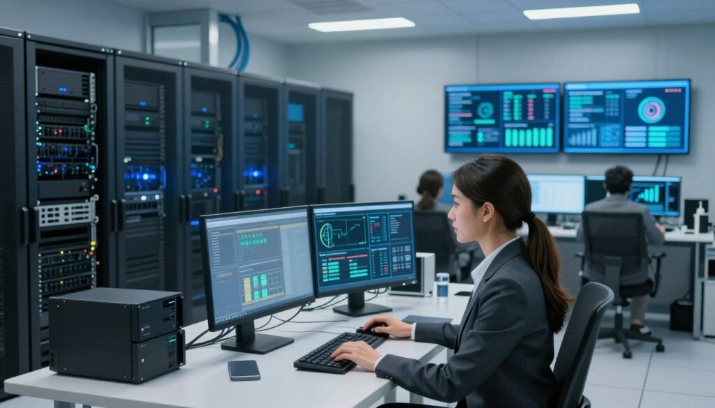 A modern hospital data center, showcasing a high-tech backup system with secure servers and digital displays. In the foreground, a female IT professional in business attire works confidently at a computer, monitoring data flow. The middle ground includes advanced backup hardware and oversized monitors displaying data analytics graphs, illustrating cybersecurity protocols. The background features a well-lit, organized room with cables neatly arranged and a soft glow from LED lights, creating a safe, professional atmosphere. The overall mood is focused and vigilant, highlighting the importance of data security in a healthcare setting. The angle is slightly above eye level, emphasizing the technological environment without any people in inappropriate attire or distracting elements.