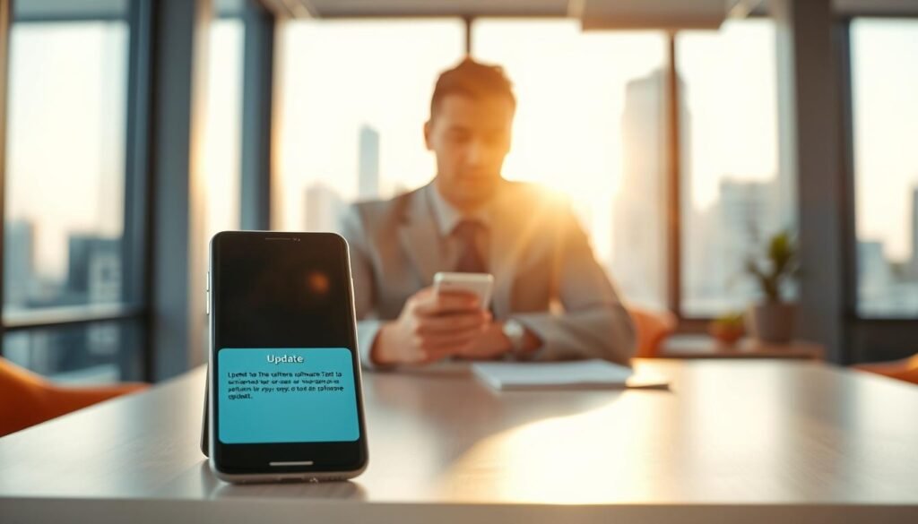 A smartphone in the foreground, displaying an update notification on its sleek screen, surrounded by a vibrant, modern workspace. In the middle, a user, dressed in professional business attire, intently examines the device, emphasizing user engagement with software updates. The background features a blurred cityscape, symbolizing modern technology and connectivity, with warm, natural lighting filtering in through large windows, creating an inviting atmosphere. The overall mood feels optimistic and forward-looking, representing innovation and support in the tech landscape. Ensure the composition maintains a balanced focus on the smartphone and user interaction, with no distractions or extraneous elements present.