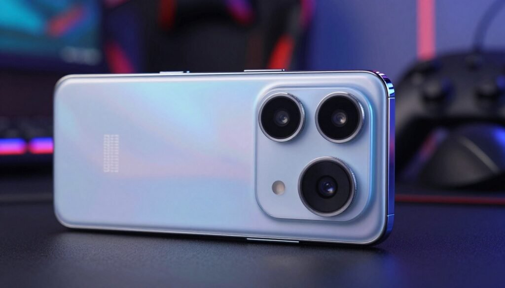 A close-up view of a modern smartphone featuring a triple-lens camera system, showcasing the lenses prominently in the foreground with intricate detailing. The smartphone is sleek and reflective, resting on a solid surface that hints at a gaming setup, such as a gaming mouse or controller partially visible. The background is softly blurred, containing hints of ambient light and a vibrant gaming environment, with neon colors suggesting a dynamic atmosphere. The lighting is dramatic, with highlights accentuating the camera lenses while creating a moody ambiance that emphasizes the focus on gaming. The overall feel should convey innovation and functionality, ideal for both photography and gaming purposes. No text or human subjects in the image.