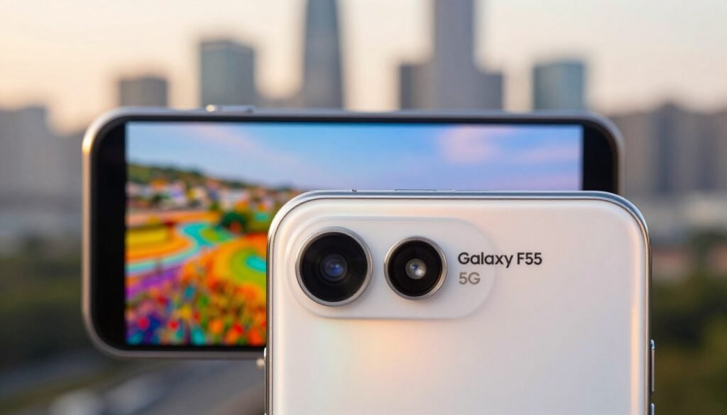 A close-up view of the Galaxy F55 5G camera setup, featuring the sleek design of the device emphasizing its camera modules. The foreground showcases the camera lenses glinting under soft natural light, highlighting their high-quality glass and intricate detailing. In the middle ground, a blurred image of a vibrant, multicolored landscape scene captured with the Galaxy F55 5G, demonstrating its photography capabilities. The background is softly focused, showing a faint outline of city skyscrapers during golden hour, enhancing the mood of advanced technology meeting urban life. The overall scene is warm and inviting, with a slight depth of field effect to accentuate the camera's features and quality of image capture, emphasizing both beauty and functionality.