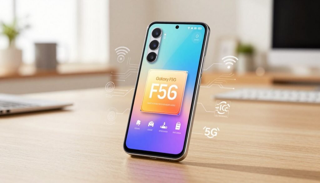A sleek smartphone design showcasing the specifications of the Galaxy F55 5G, prominently displayed in the foreground. The phone is depicted at a slight angle, with its vibrant screen highlighting key technical details like processor speed, camera quality, and battery capacity. The middle ground features subtle circuit patterns and icons representing 5G connectivity, symbolizing advanced technology. In the background, a stylish, modern workspace with soft lighting creates a professional yet inviting atmosphere, implying innovation and sophistication. Use a warm color palette to evoke a sense of excitement and reliability. The lighting should be bright yet soft, akin to natural daylight, enhancing the sleek metallic finish of the device. The camera angle should focus closely on the smartphone, capturing its details with a slight bokeh effect in the background.